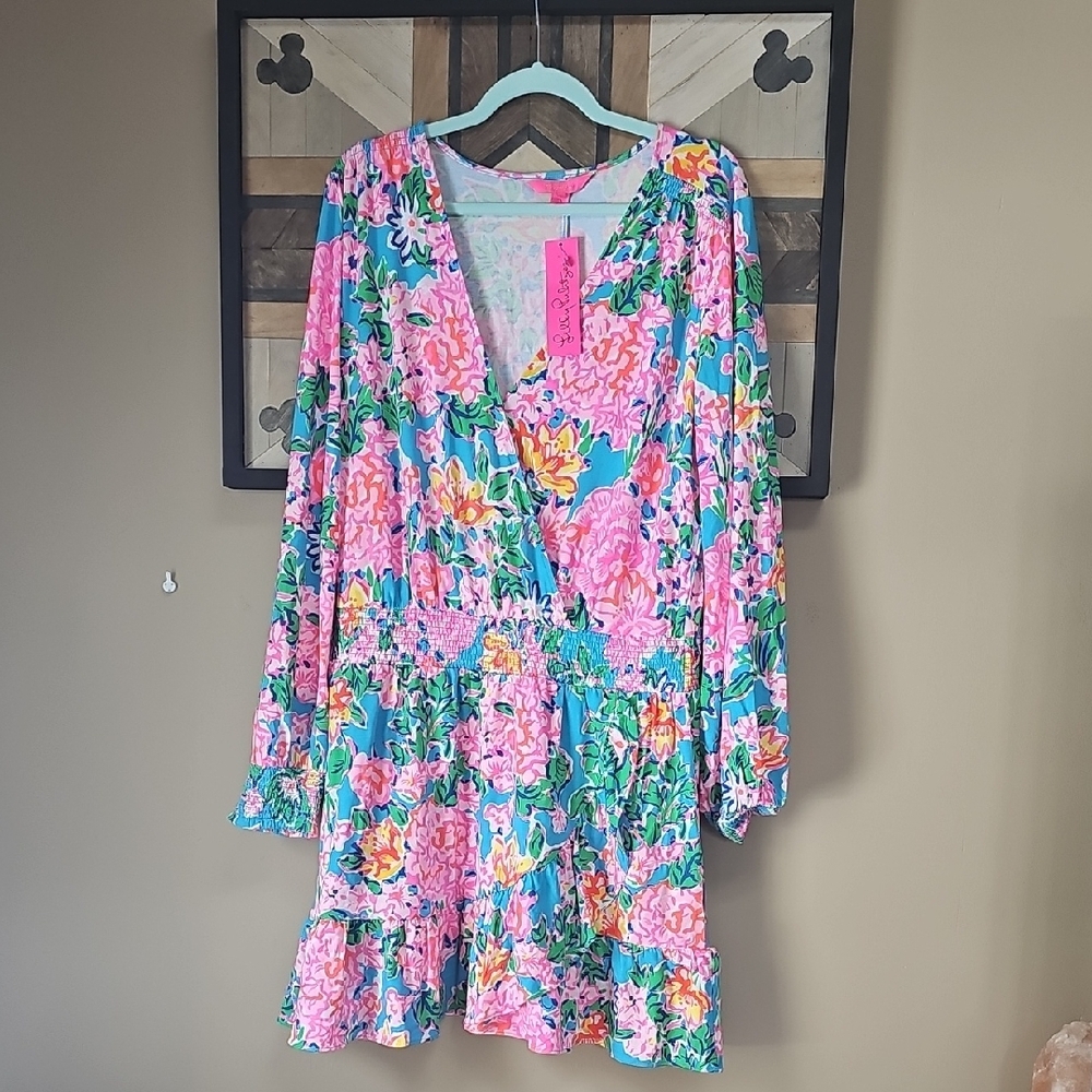 Lilly Pulitzer Peggy Romper Rose To The Occasion Pink and Blue Floral - Picture 1 of 6